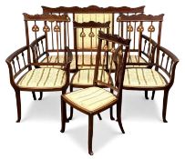 ART NOUVEAU MAHOGANY DRAWING ROOM SUITE, inlaid with stylised mother of pearl motifs, comprising
