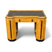 ART DECO SATIN BIRCH & EBONISED KNEEHOLE DESK, in the manner of Heals, 78 (h) x 108 (w) x 64cms (
