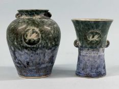 TWO CONWY POTTERY HERITAGE COLLECTION VASES, mottled green and blue with dragon motifs, 13 and 11cms
