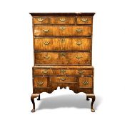 QUEEN ANNE WALNUT CHEST ON STAND, upper section having three short and two long drawers, stand