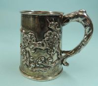 CHINESE SILVER MUG by Tuck Chang, Shanghai c. 1900, worked with prunus blossom, initialled mark '