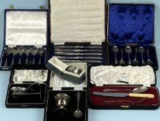 ASSORTED CASED SILVERWARE, including egg cup and spoon, child's pusher and spoon, two sets of six