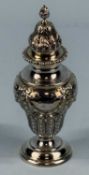 GEORGE V SILVER GILT SUGAR CASTER, ornately embossed with ribbons and swags, pierced cover with