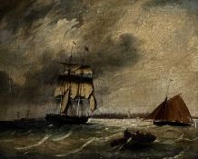 18TH/19TH CENTURY ENGLISH SCHOOL oil on canvas - seascape, twin-masted sailing ship with rowing boat