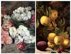TWO OILS ON CANVAS: STYLE OF OLIVER CLARE - still life of apples, plums, and raspberries,