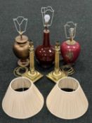 GROUP OF MODERN TABLE LAMPS, including a pair of brass Corinthean column, with cream fabric