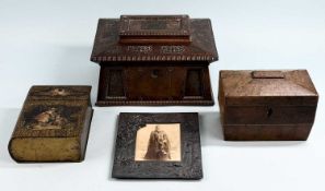 COLLECTABLES GROUP, including 19th century yew wood sarcophagus form double tea caddy, 18cms (w);