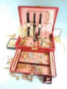 RED JEWELLERY BOX WITH ASSORTED COSTUME JEWELLERY, including 9ct gold anchor chain necklace, 5.3g;