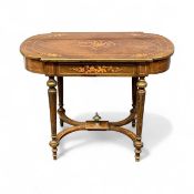 FRENCH NAPOLEON III REVIVAL KINGWOOD DESK, floral inlaid shaped top with brass rim, over a frieze