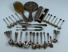 FOUR-PIECE SILVER BACKED TABLE SET, embossed decoration, with a quantity of plated cutlery including