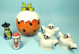 LORNA BAILEY CHRISTMAS PUDDING COOKIE JAR, 19cms; together with Lorna Bailey Santa Claus and witch