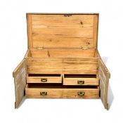 PINE CARPENTER'S CHEST with steel side carrying handles, with key, 47 (h) x 92 (w) x 46cms (d)