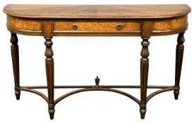 CONTEMPORARY WALNUT CONSOLE TABLE of demilune form, the top with starburst design inlay, over frieze
