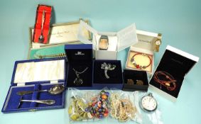 SMALL ASSORTMENT OF COSTUME JEWELLERY, including boxed Pandora charm bracelet, Swarovski crystal