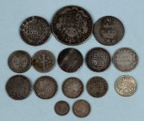 ANTIQUE SILVER COINS, 1825 half crown, 1897 shilling, 1887 shilling, various thrupenny bits, etc.,