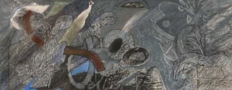 GARETH DAVIES mixed media - untitled, blues, unsigned, 24 x 55cms Provenance: donated Comments: