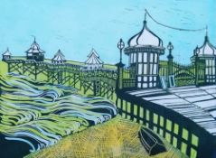 MICHELLE WOODWARD limited edition (8/30) reduction lino print - 'Bangor Pier', signed, 30 x 40cms