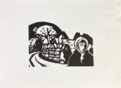 SIR KYFFIN WILLIAMS RA (1918-2006) linocut - 'Woman in Lane', unsigned, RCA embossed, 25 x 35cms