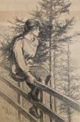 E. META NORBURY charcoal - untitled, girl on fence, loose sheet, signed, 38 x 25cms Provenance: