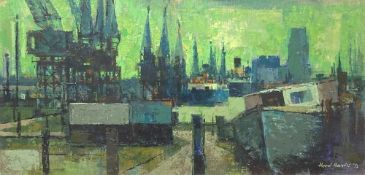 HYWEL HARRIES (1921-1990) oil - 'Dockside Cardiff', signed and dated 1972, 44 x 89cms Comments: