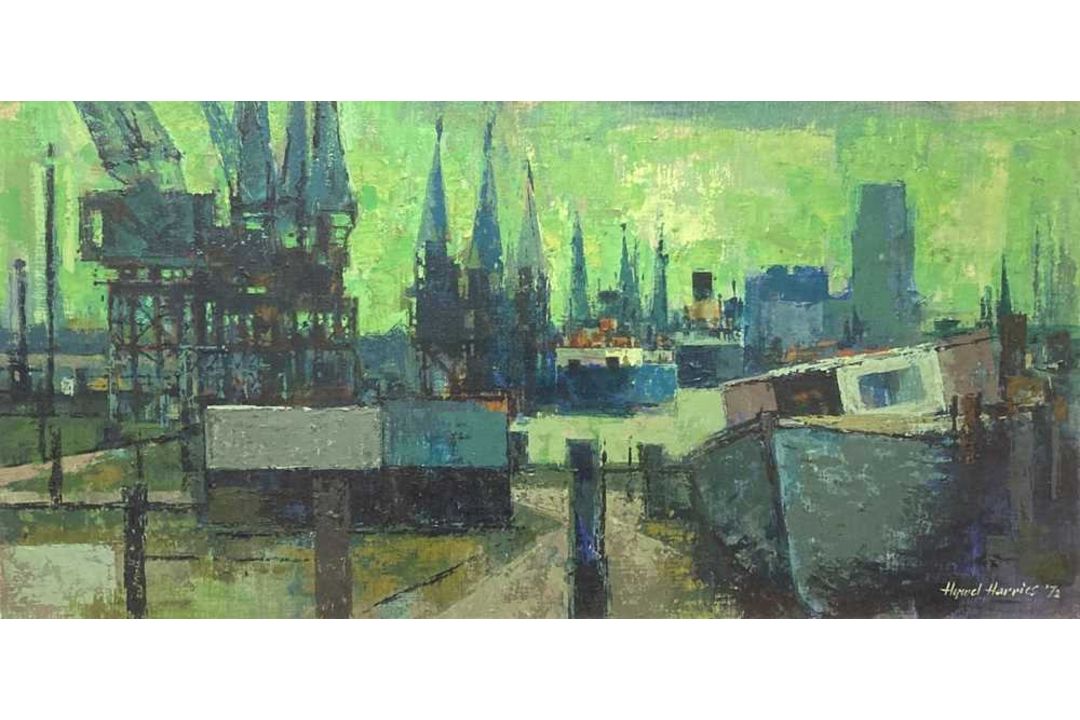 HYWEL HARRIES (1921-1990) oil - 'Dockside Cardiff', signed and dated 1972, 44 x 89cms Comments: