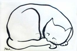 PEA RESTALL ink sketch - 'Sleepy Cat', signed, 14 x 26cms Comments: framed