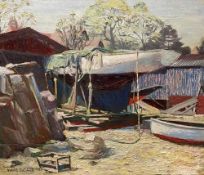 MAVIS BLACKBURN (1923-2005) oil on board - 'The Boatyard', signed, 54 x 61cms Comments: unframed