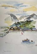 ISHBEL MCWHIRTER (b. 1927) limited edition (116/500) digital print - 'Bangor Pier and Blue Boat',