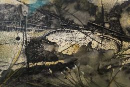 LESLEY BARKER watercolour and collage - 'Gathering Storm (2)', signed, 10 x 15cms Comments: framed