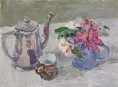 LYNNE CARTLIDGE (b. 1964) oil on board - 'Spring Flowers and Coffee Pot (2024-44)', signed and dated