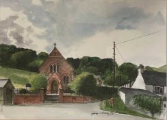 GEORGE DROUGHT (b. 1940) pen and watercolour - 'Landscape with Chapel', signed 27 x 37cms