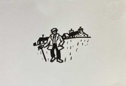 SIR KYFFIN WILLIAMS RA (1918-2006) linocut - 'Farmer and Buildings', unsigned, RCA embossed, 26 x