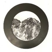 MO VYSE mixed media on vinyl LP on circular MDF board - 'Black Mountain, White Water I', signed,