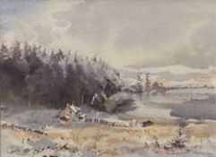 GERRY BALL (b. 1948) watercolour - 'Cottage by a Lake', signed, 14 x 18cms Provenance: donated