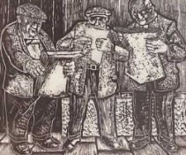 KAREL LEK (1929-2020) artist's proof - untitled, three men standing reading papers, signed, 22 x