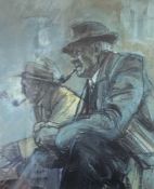 EVAN JONES print - untitled, two men smoking, signed and dated 1980, 22 x 18cms Comments: framed