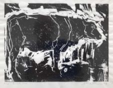 SALLY MATTHEWS limited edition (5/100) linocut - 'Black Cow', signed and dated 2004, 15 x 20cms