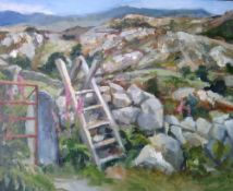 DOROTHY WILLIAMS acrylic on canvas - 'Stile in the Hills', signed verso, 40.6 x 51cms Provenance:
