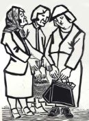 KAREL LEK (1929-2020) limited edition (2/6) linocut - untitled, three women in street, signed, 42