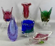20TH CENTURY ART GLASS, six pieces, including two 'cat's head' vases, one red and clear, the other