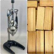 HAMILTON BEACH TYPE ALUMINIUM JUICER on cast metal stand, and set of large wooden Garden Jenga
