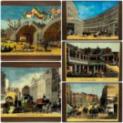 SET OF FIVE PRINTS ON GLASS - yesteryear images of London, 38.5 x 51cms Provenance: private