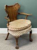 UNUSUAL WALNUT CHAIR, shaped solid back, outswept open arms, upholstered seat, label for 'Hamptons