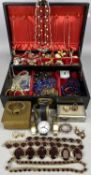 ASSORTMENT OF COSTUME JEWELLERY & WRISTWATCHES, contained in trinket box, together with gilt metal