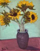 ‡ DAVID LLOYD GRIFFITH (b. 1959) oil on board - entitled verso 'Five Sunflowers 2018', Ffin y Parc