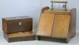 EDWARDIAN OAK COAL BOX with patent opening front doors and brass handle, with shovel, 40 (h) x 34cms