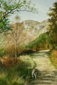 ‡ TINA HOLLEY watercolour - entitled 'Autumn Walk', with gallery labels, 39.5 x 26.5cms