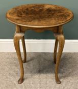 SMALL WALNUT OCCASIONAL TABLE, oval top with moulded rim, cabriole supports, 62 (h) x 53 (w) x 40cms