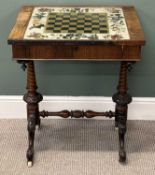 VICTORIAN ROSEWOOD GAMES TABLE, rectangular top having inset glass chess board with painted