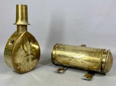 CONTINENTAL CYLINDRICAL BRASS CANDLE BOX, the hinged cover with chased decoration, monogrammed 'SCV'